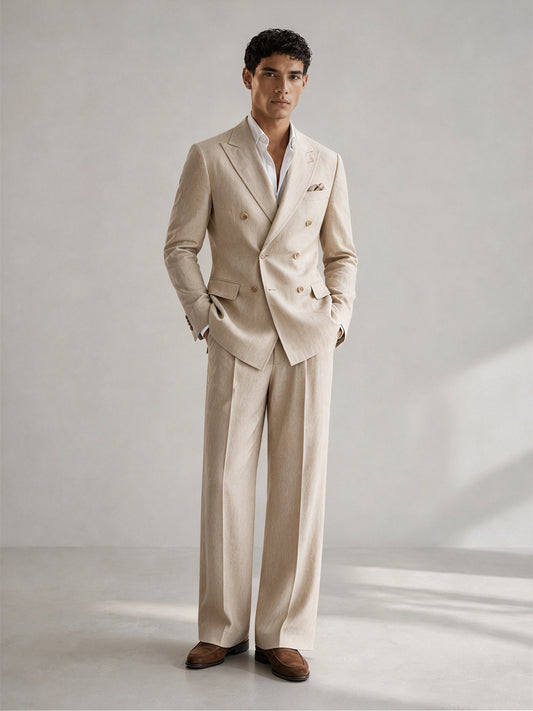 Savile Men's Natural Beige Linen-Blend Double-Breasted 2-Piece Suit Set – Peak Lapel Relaxed-Fit Blazer & Wide-Leg Turn-Up Trousers