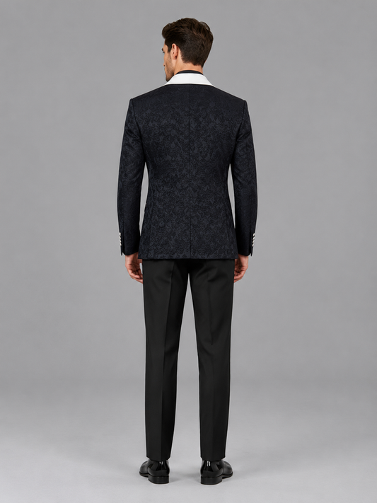 Savile Men's Navy Blue Jacquard White Shawl Lapel 2-Piece Tuxedo Suit Set | Jacket & Trousers
