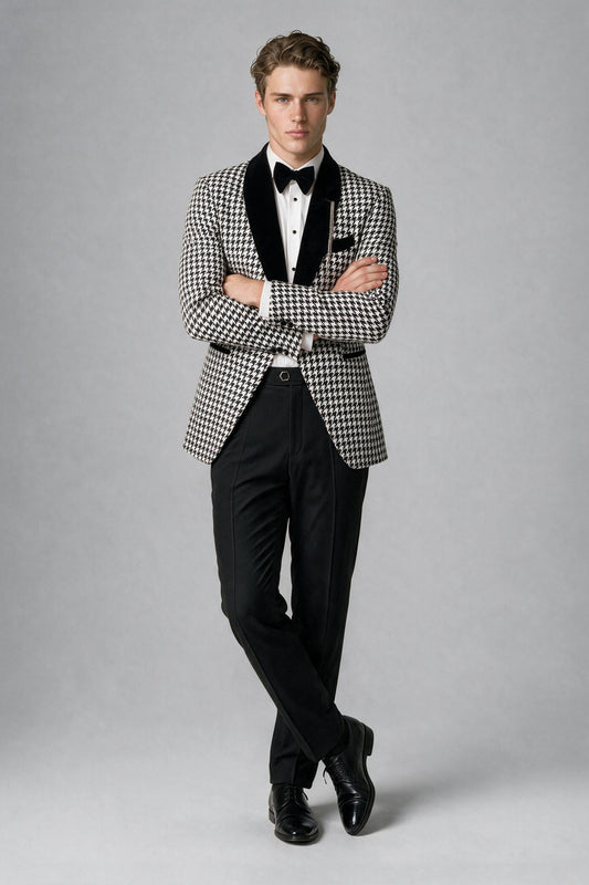 Man wearing Savile houndstooth tuxedo suit, side profile view