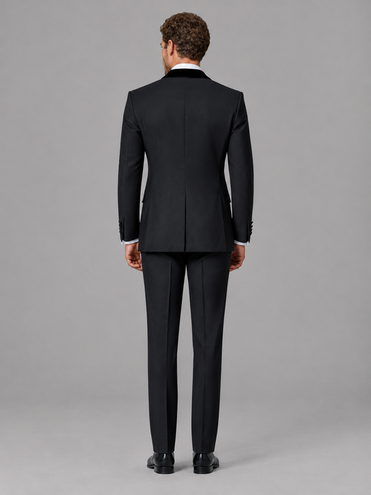 Savile Men's Black Velvet Shawl Lapel Tuxedo Suit – Modern Side-Buckle Dinner Jacket & Trousers 2-Piece Set