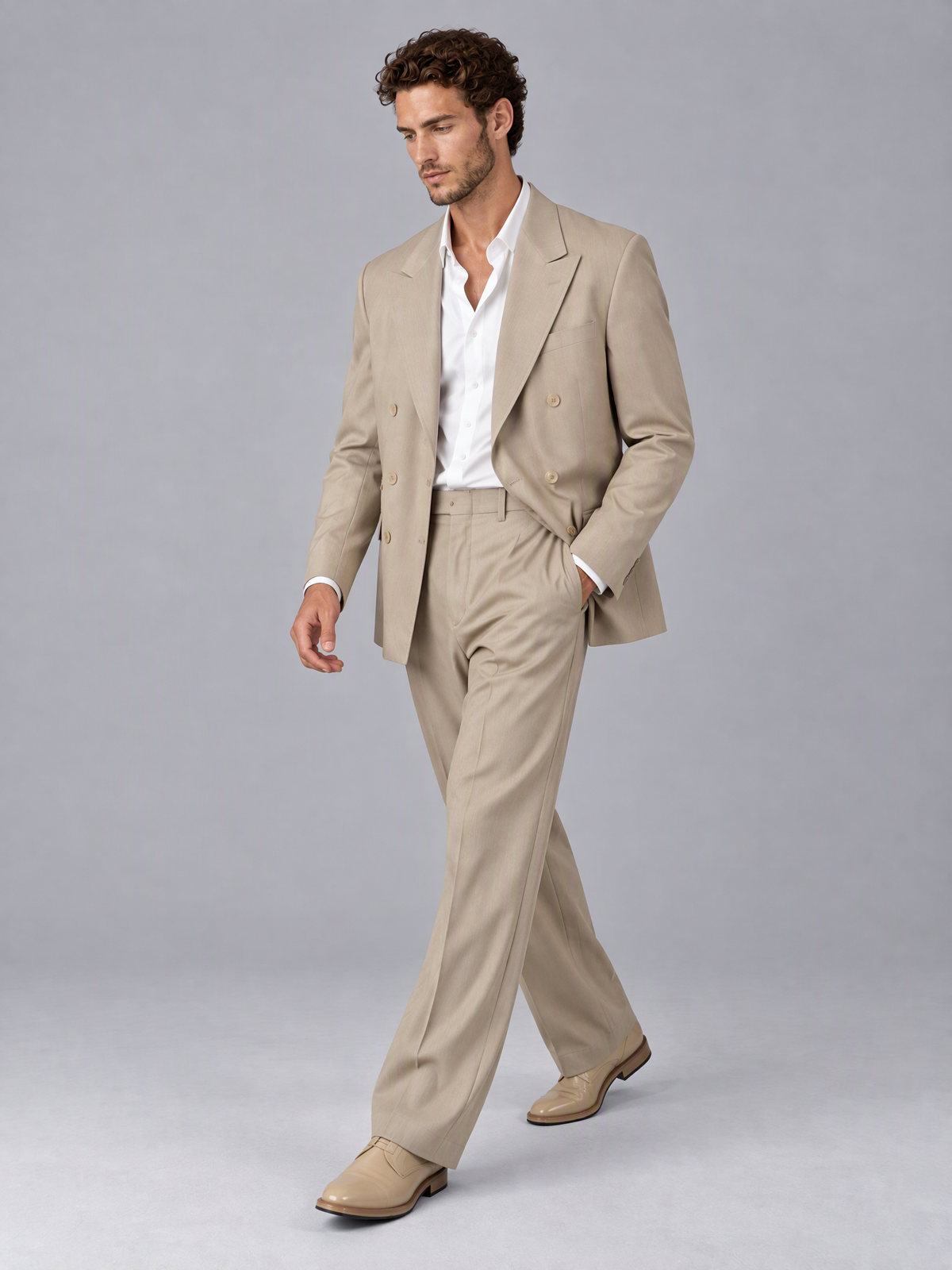 Savile Khaki Beige Double-Breasted 2-Piece Suit with Peak Lapel