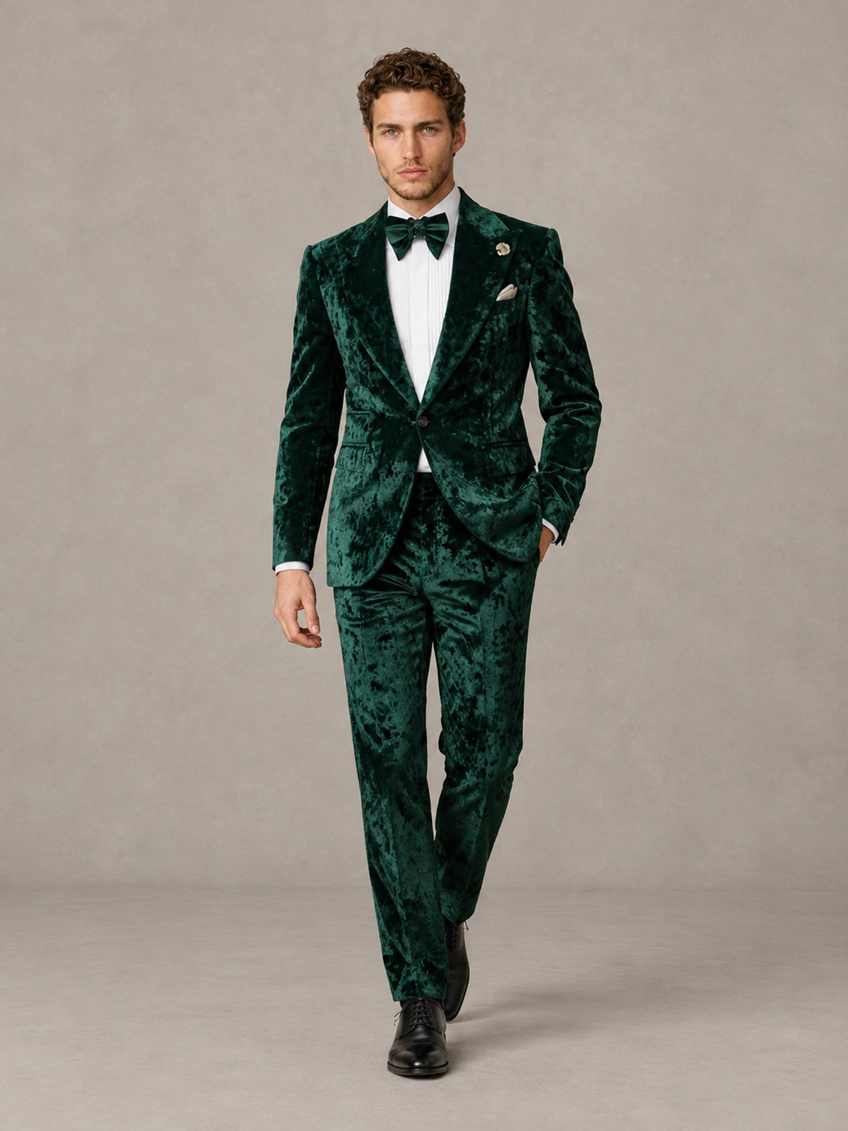 Savile Men's Emerald Green Crushed Velvet Peak Lapel 2-Piece Suit Set | Jacket & Trousers