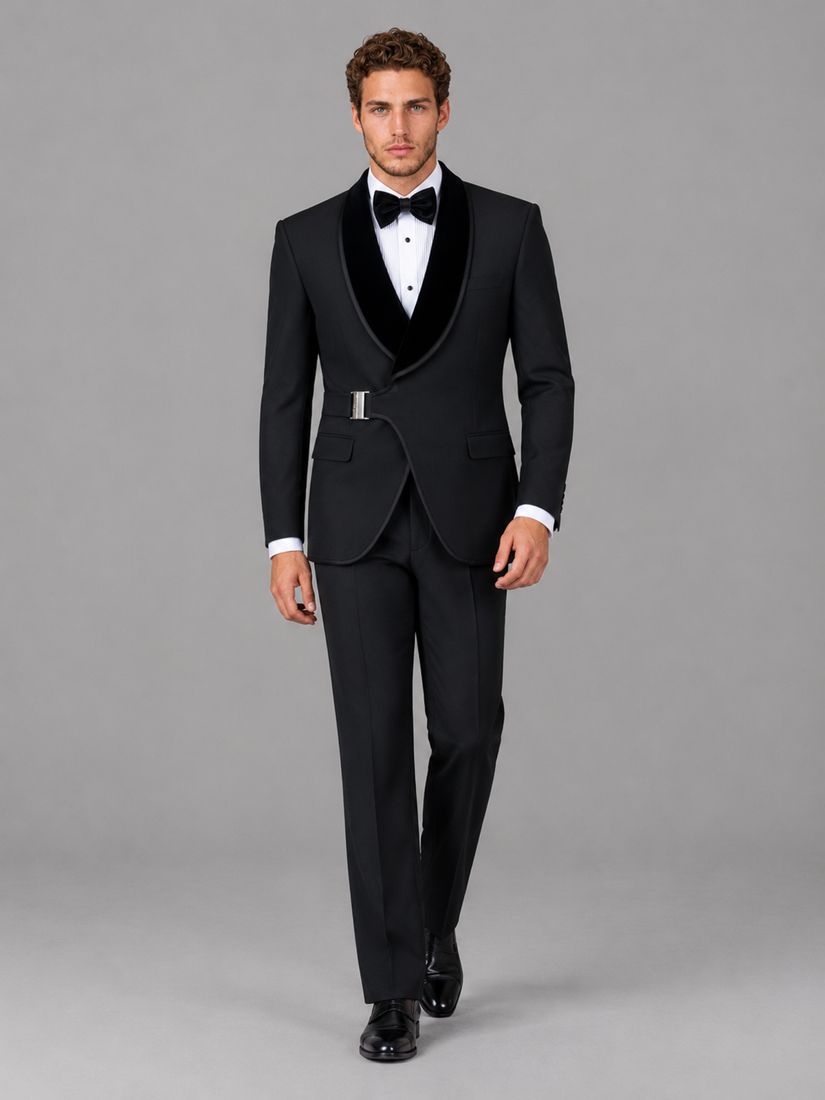 Savile Men's Black Velvet Shawl Lapel Tuxedo Suit – Modern Side-Buckle Dinner Jacket & Trousers 2-Piece Set