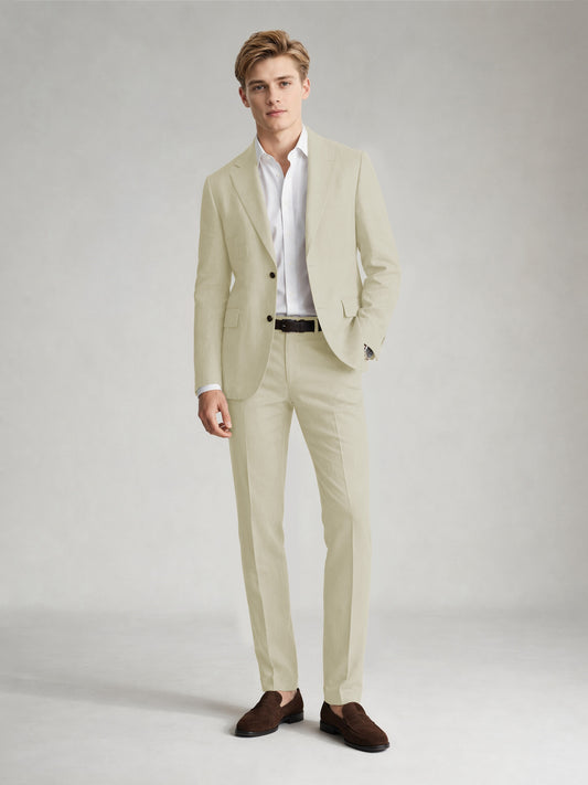 Savile Men's Sand Khaki Linen-Blend 2-Piece Suit Set – Two-Button Notch Lapel Slim-Fit Blazer & Slim Trousers - Almond - Almond