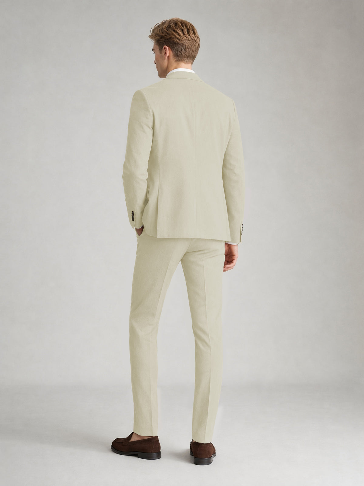 Savile Men's Sand Khaki Linen-Blend 2-Piece Suit Set – Two-Button Notch Lapel Slim-Fit Blazer & Slim Trousers - Almond - Almond