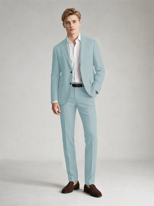 Savile Men's Sand Khaki Linen-Blend 2-Piece Suit Set – Two-Button Notch Lapel Slim-Fit Blazer & Slim Trousers - Aqua Blue - Aqua_Blue