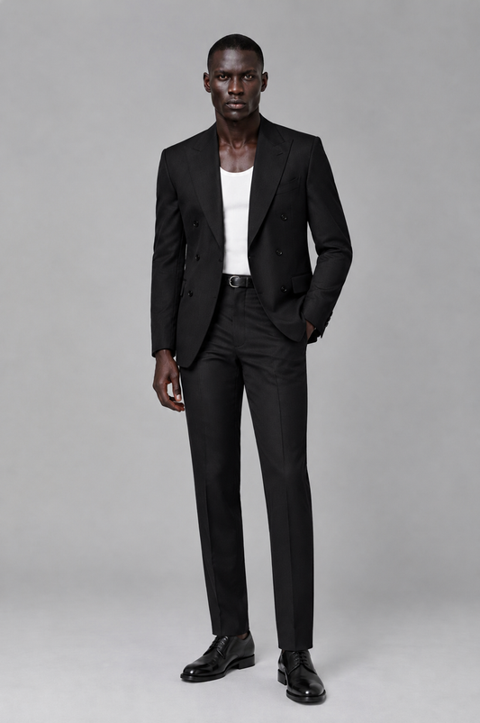 Savile Men's Black Double Breasted Slim Fit 2-Piece Suit Set – Blazer & Trousers | Wedding Gala Formal - Black - Black_02