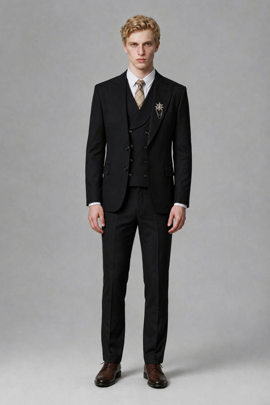 Savile Men's Black Three-Piece Wedding Suit with Double-Breasted Waistcoat - Black