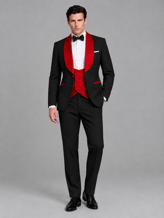 Savile Men's Black 3-Piece Tuxedo Suit Set – Contrast Red Shawl Lapel Blazer, Red Waistcoat & Trousers - SUC020 - Black