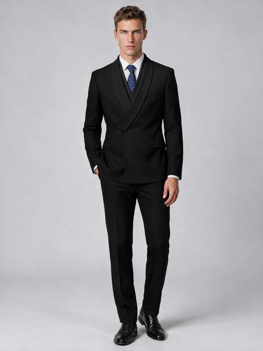 Savile Men's Black Wrap Shawl Lapel 2-Piece Suit Set – Modern Jacket & Trousers - Black - Black_2