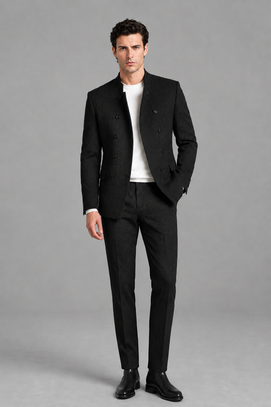 Savile Men's Black Stand Collar Double Breasted Slim Fit 2-Piece Suit Set – Jacket & Trousers | Wedding Gala Formal - Black