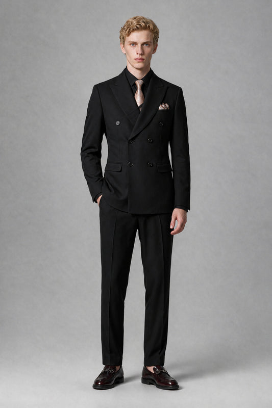 Savile Men's Black Double-Breasted Two-Piece Suit - Black