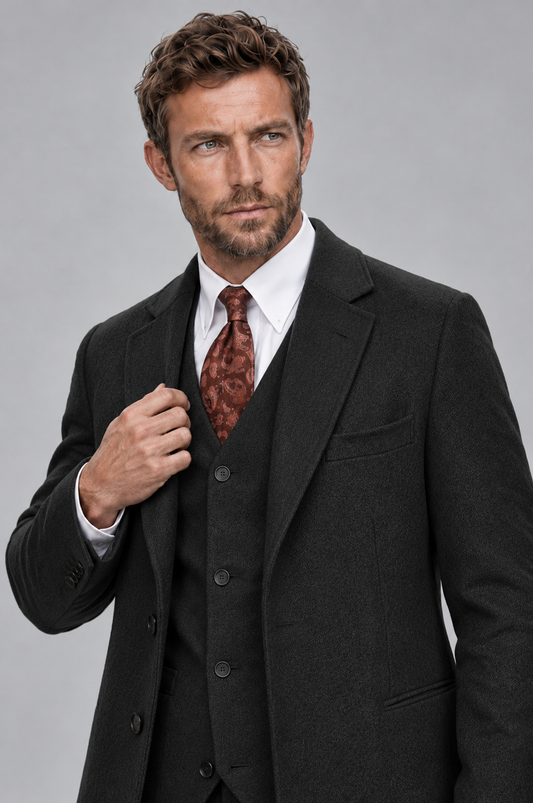 Savile Men's Black Grey 3-Piece Overcoat Suit Set – Notch Lapel Long Coat, Vest & Trousers - Black - Black_2