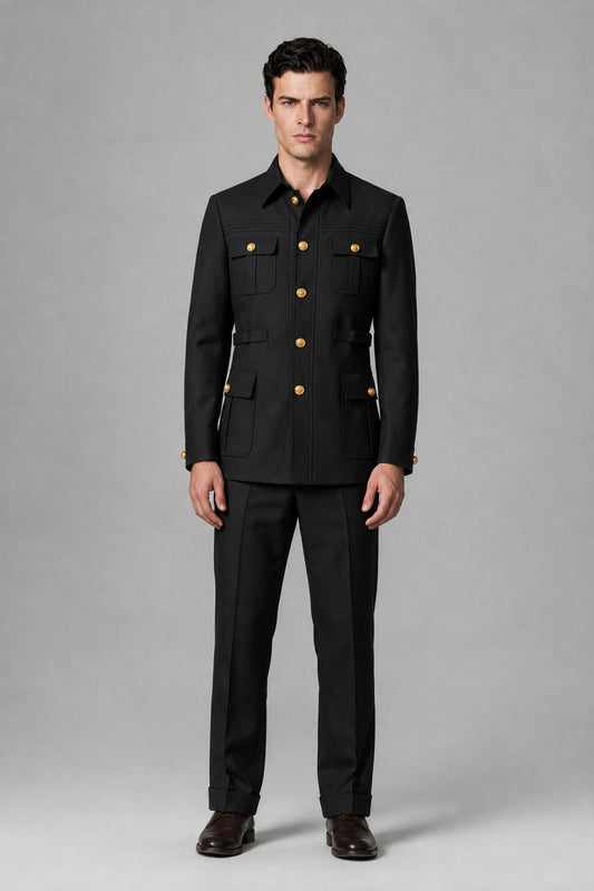 Savile Black Safari Jacket & Trousers Two-Piece Men's Suit - Black