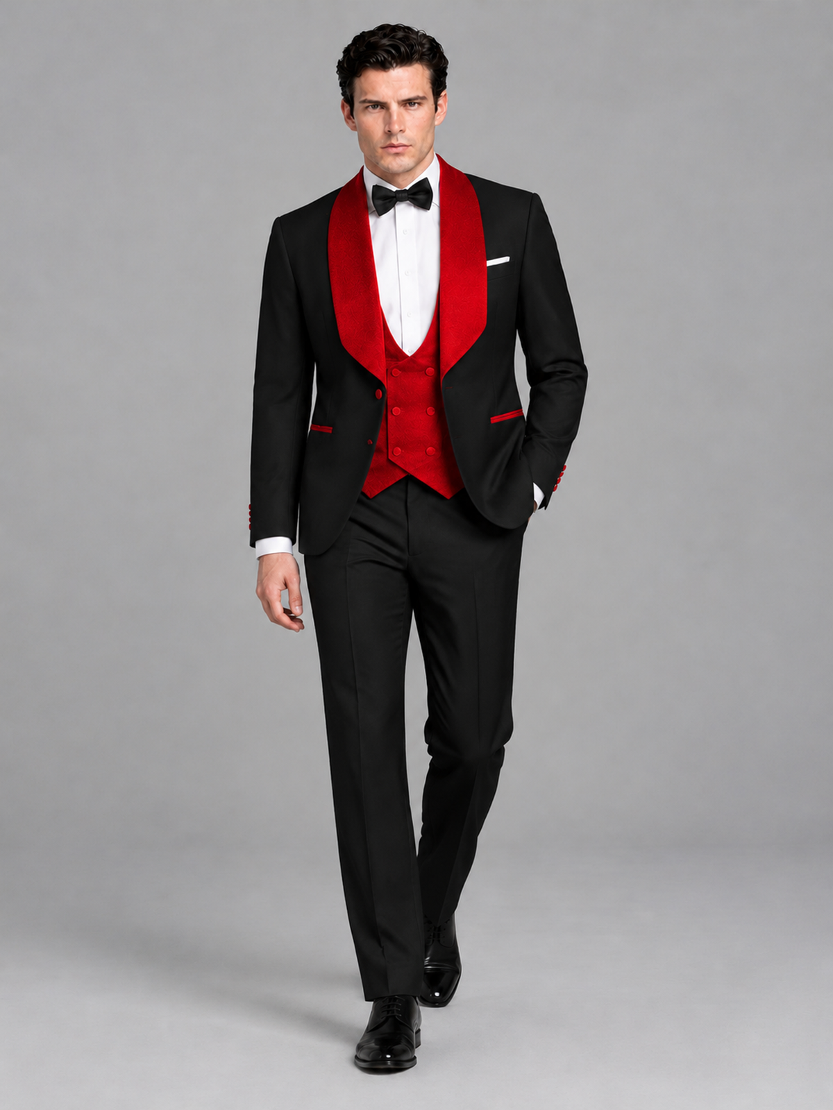 Savile Men's Black 3-Piece Tuxedo Suit Set – Contrast Red Shawl Lapel Blazer, Red Waistcoat & Trousers - SUC020 - Black
