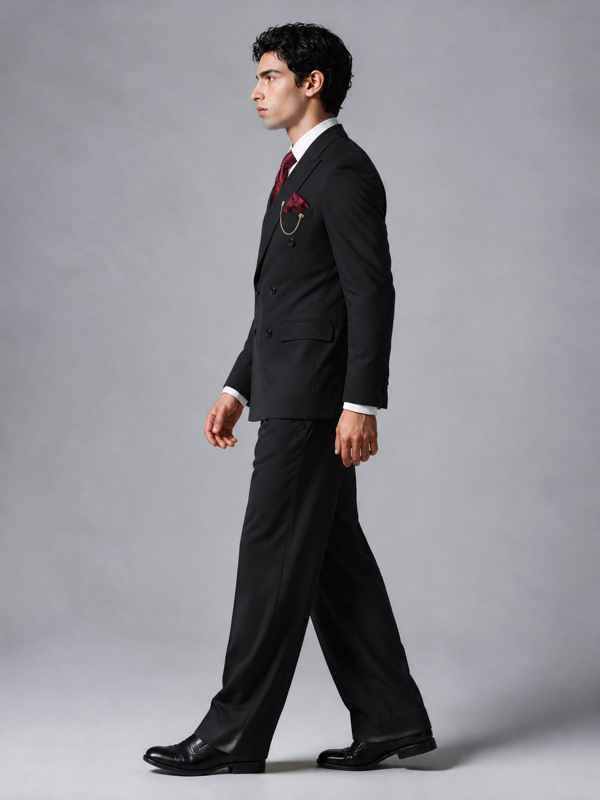 Savile Men's Black Double-Breasted 2-Piece Suit Set – Peak Lapel Blazer & Pleated Wide-Leg Trousers - Black - Black_4