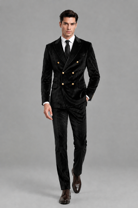 Savile Men's Black Velvet Double-Breasted 2-Piece Suit Set | Peak Lapel Blazer & Trousers - Black