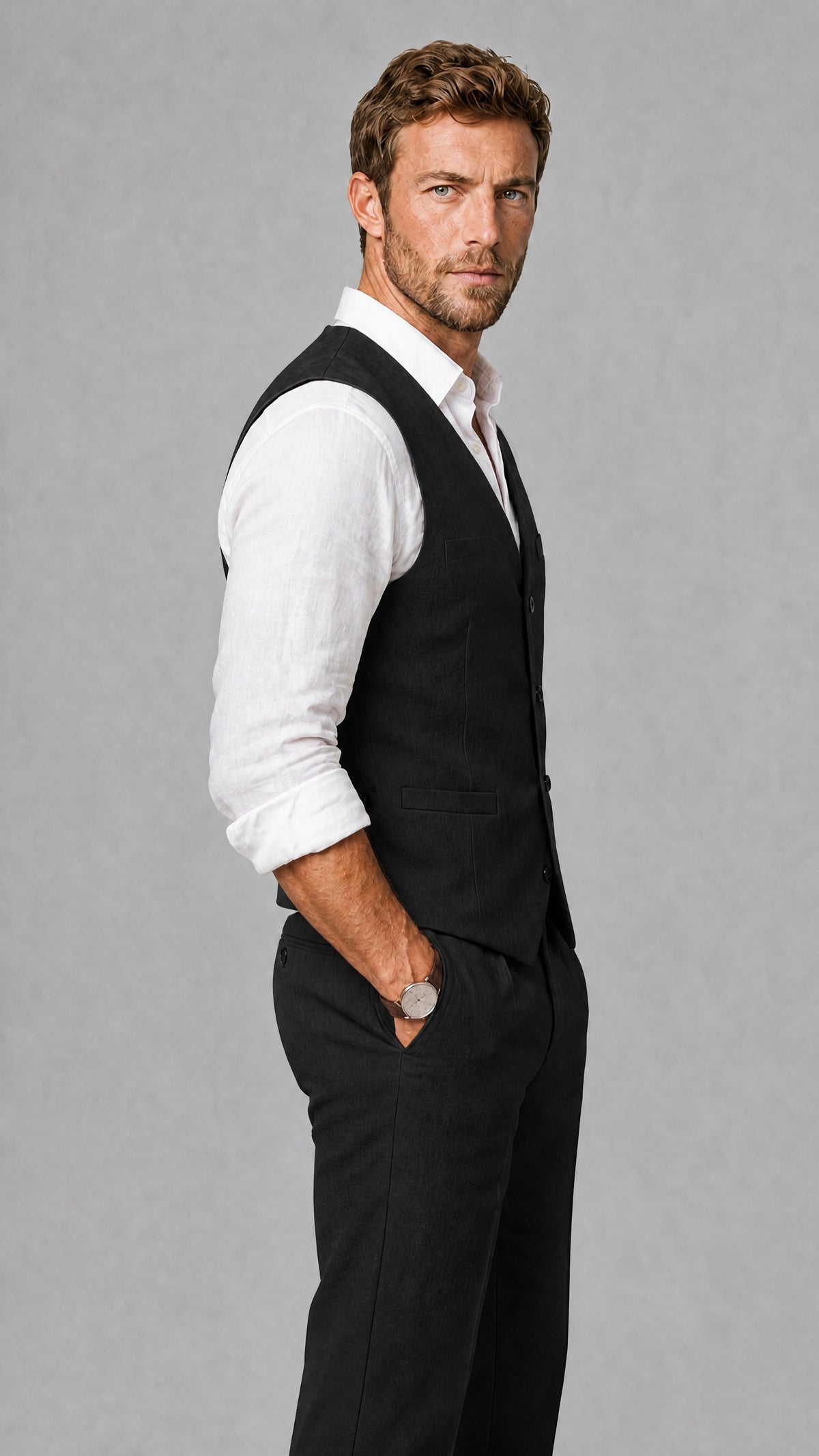 Men's Black Linen Blend Single-Breasted V-Neck Suit Vest | Savile QX0101 - Black