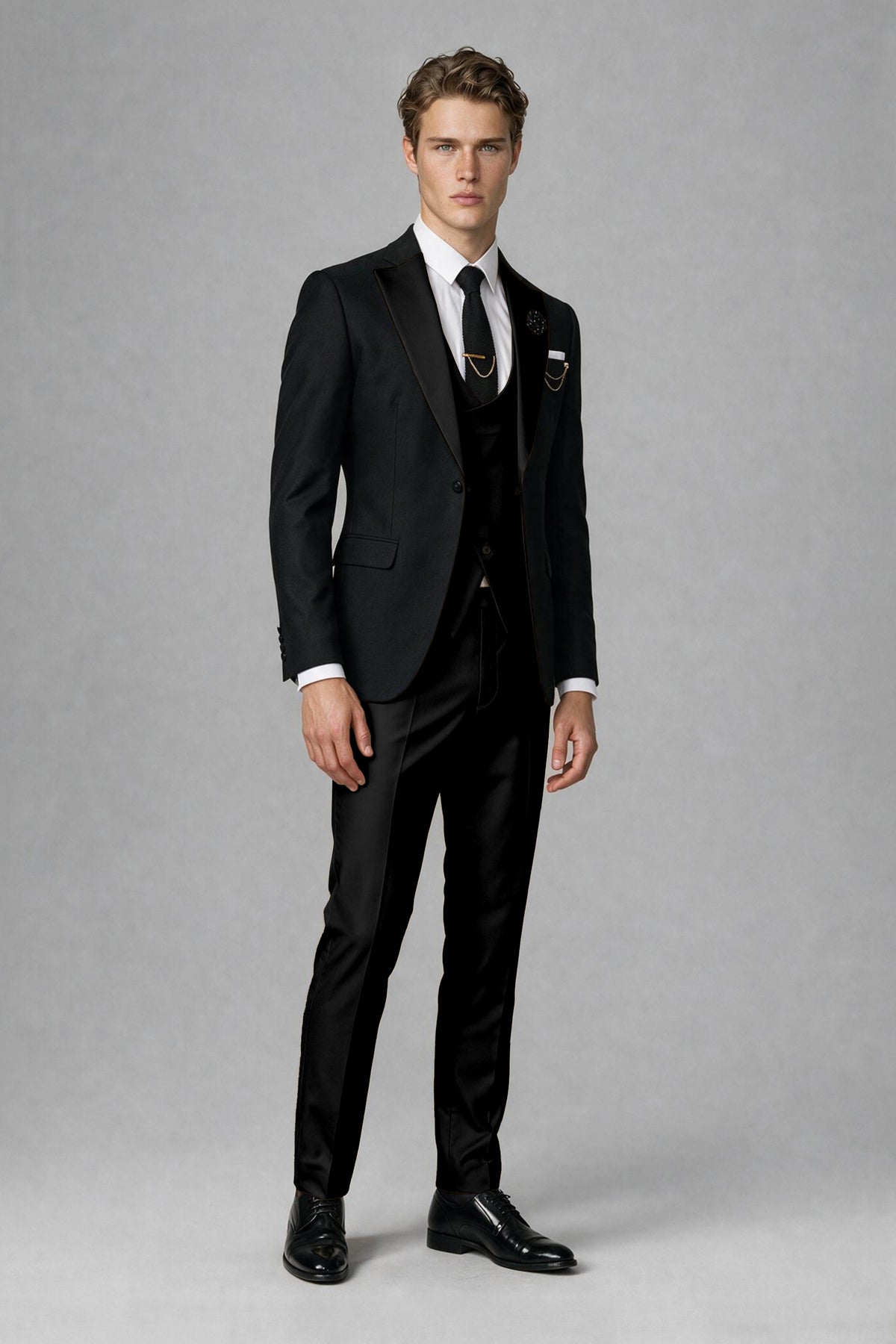 Savile Men's Black & Black Three-Piece Wedding Suit - Black