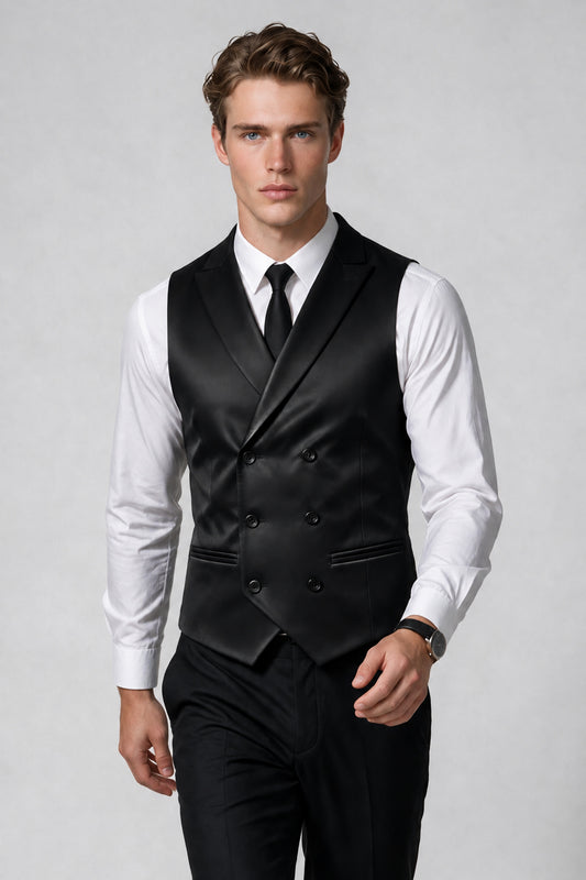 Man wearing Savile black satin double-breasted vest with shawl lapel, front view