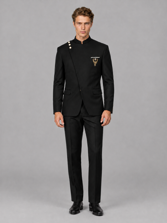Savile Men's Black Mandarin Collar Asymmetrical 2-Piece Suit Set - Front Full Length View