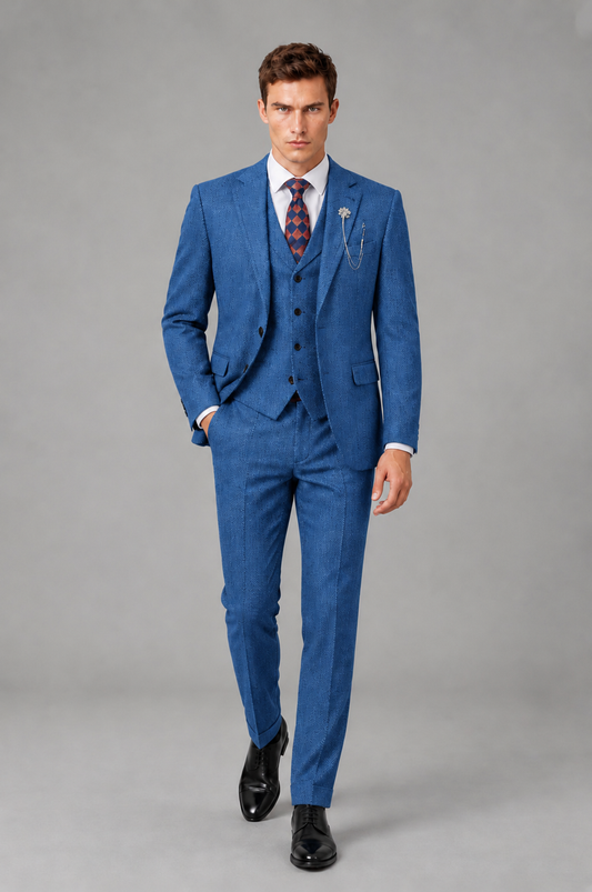 Savile Men's Grey Notch Lapel 3-Piece Suit Set | Jacket, Vest & Trousers - Blue - Blue