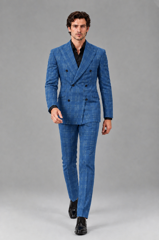 Savile Men's Rust Plaid 2-Piece Double-Breasted Suit – Peak Lapel Slim-Fit Jacket & Trousers Set - Blue - Blue