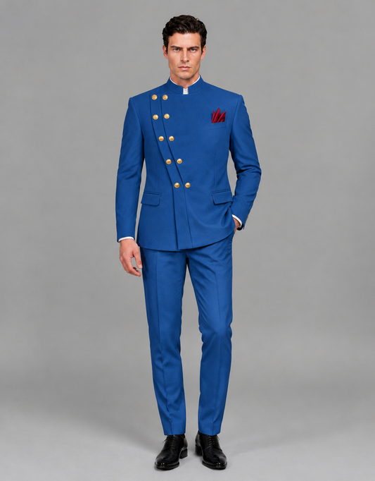 BOLODOO Men's Blue Asymmetrical Mandarin Collar Tuxedo Suit – Modern 2-Piece Gold Button Wedding, Prom & Gala Set - Blue - Blue_02
