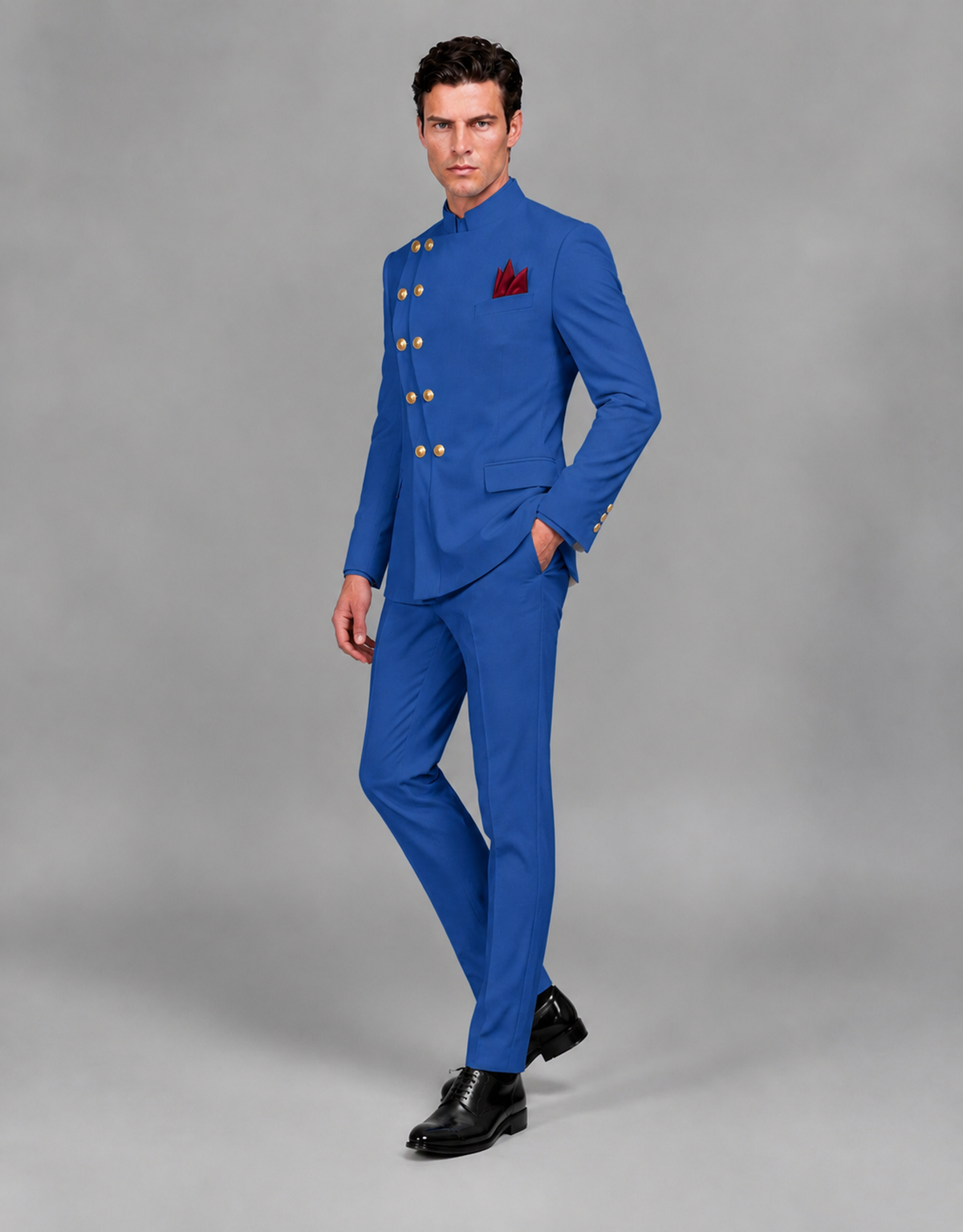 BOLODOO Men's Blue Asymmetrical Mandarin Collar Tuxedo Suit – Modern 2-Piece Gold Button Wedding, Prom & Gala Set - Blue - Blue_04