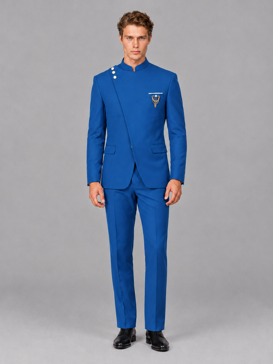 Savile Men's Blue Mandarin Collar Asymmetrical 2-Piece Suit Set – Modern Jacket & Trousers - Blue - Blue_2
