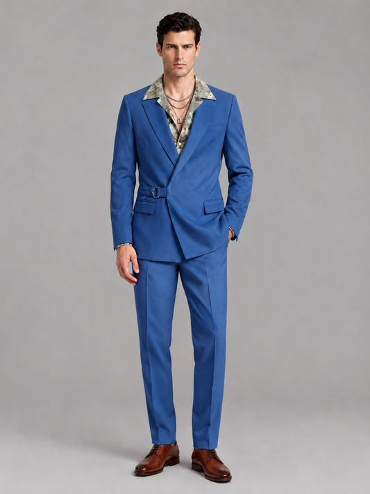 Savile Men's Blue Belted Wrap 2-Piece Suit – Peak Lapel Blazer & Tailored Trousers - SUC060 - Blue - Blue_2