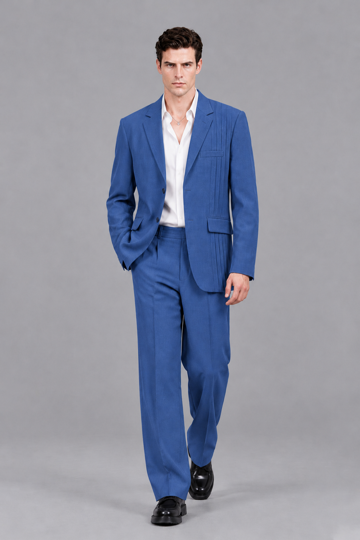 Savile Men's Blue Pleated 2-Piece Suit Set | Notch Lapel Blazer & Tailored Trousers - Blue - Blue_5