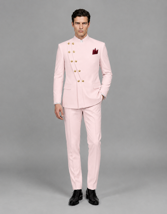 BOLODOO Men's Blush Pink Asymmetrical Mandarin Collar Tuxedo Suit – Modern 2-Piece Gold Button Wedding, Prom & Gala Set - Blush Pink - Blush Pink_02