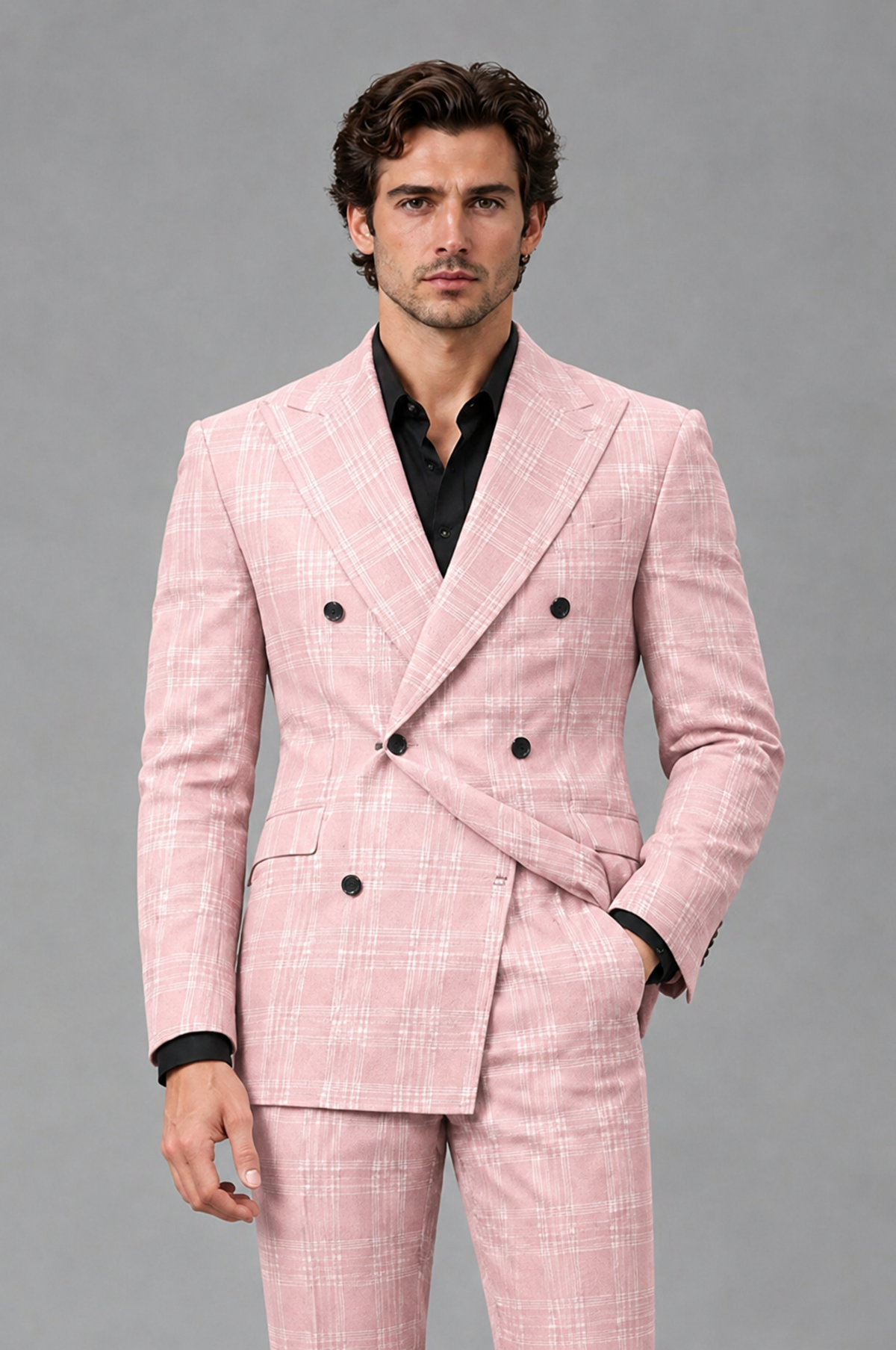 Savile Men's Rust Plaid 2-Piece Double-Breasted Suit – Peak Lapel Slim-Fit Jacket & Trousers Set - Blush Pink - Blush Pink