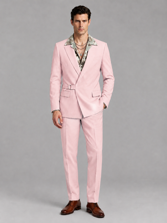 Savile Men's Blush Pink Belted Wrap 2-Piece Suit – Peak Lapel Blazer & Tailored Trousers - SUC060 - Blush Pink - Blush Pink_2