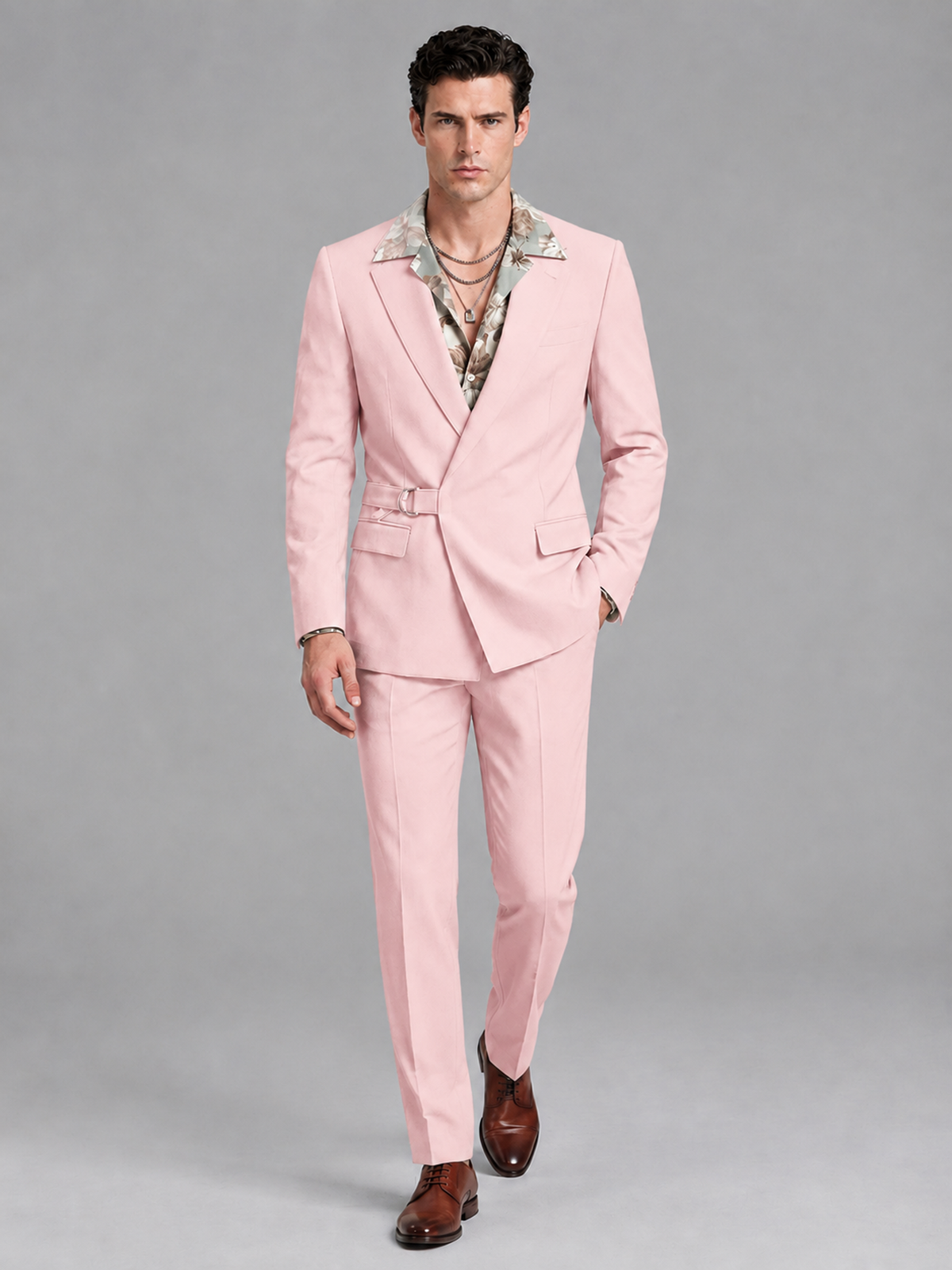 Savile Men's Blush Pink Belted Wrap 2-Piece Suit – Peak Lapel Blazer & Tailored Trousers - SUC060 - Blush Pink - Blush Pink_4