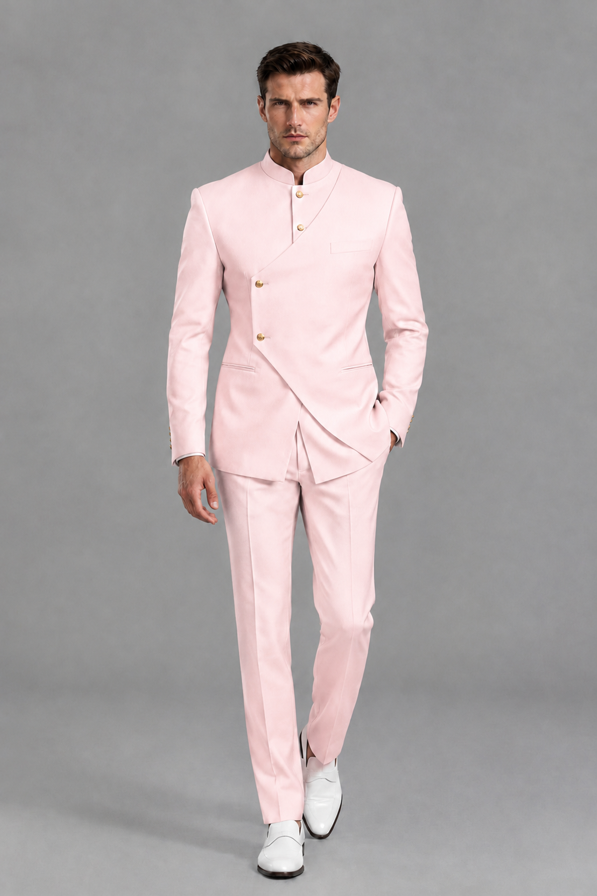 Savile Men's Blush Pink Asymmetrical Mandarin Collar Tuxedo Suit – Modern 2-Piece Gold Button Wedding, Prom & Gala Set - Blush Pink - Blush Pink_5