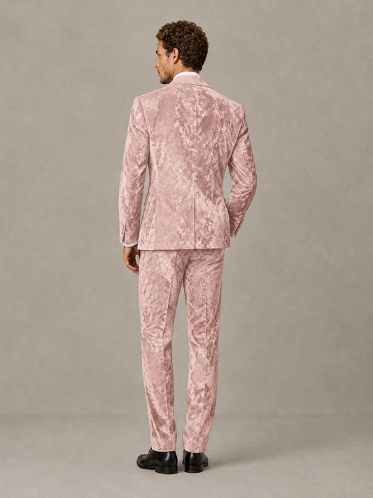 Savile Men's Blush Pink Crushed Velvet Peak Lapel 2-Piece Suit Set | Jacket & Trousers - Blush Pink - Blush Pink (2)