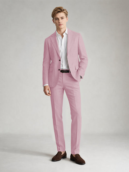 Savile Men's Sand Khaki Linen-Blend 2-Piece Suit Set – Two-Button Notch Lapel Slim-Fit Blazer & Slim Trousers - Blushing Pink - Blushing_Pink