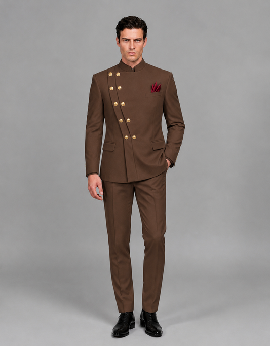 BOLODOO Men's Brown Asymmetrical Mandarin Collar Tuxedo Suit – Modern 2-Piece Gold Button Wedding, Prom & Gala Set - Brown - Brown_02