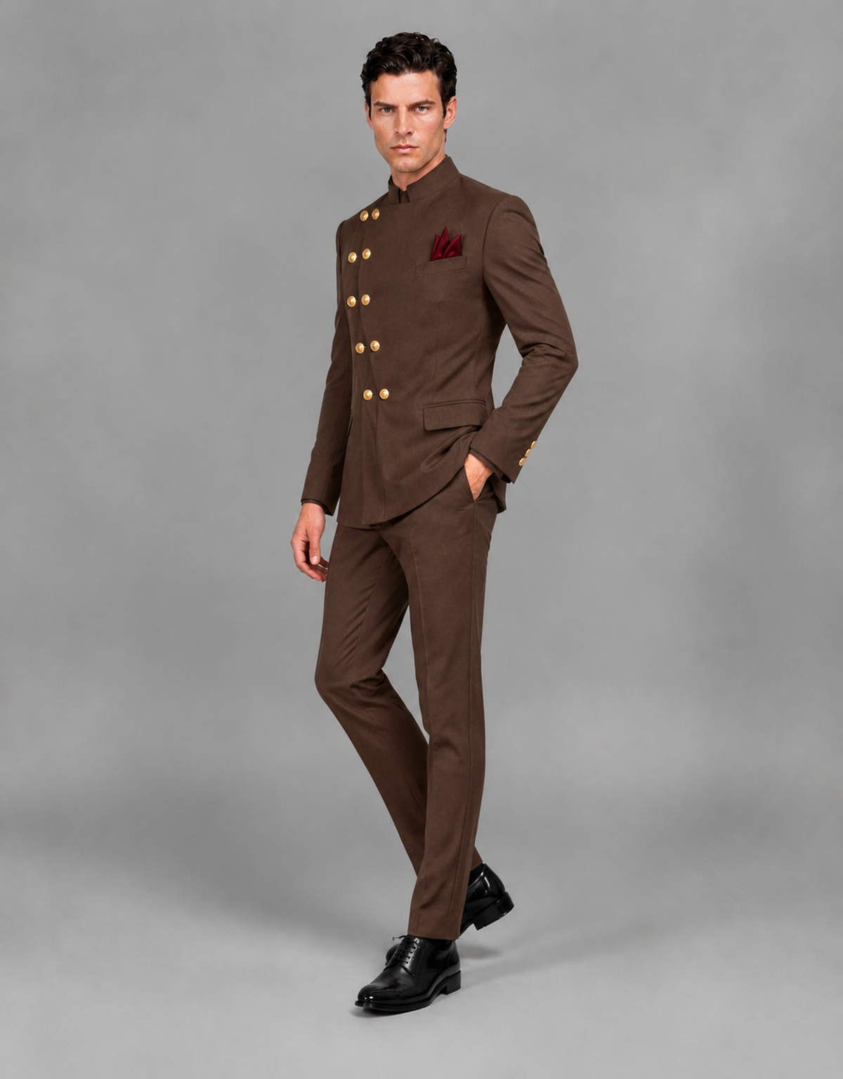 BOLODOO Men's Brown Asymmetrical Mandarin Collar Tuxedo Suit – Modern 2-Piece Gold Button Wedding, Prom & Gala Set - Brown - Brown_04