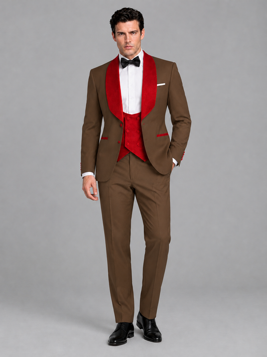 Savile Men's Brown 3-Piece Tuxedo Suit Set – Contrast Red Shawl Lapel Blazer, Red Waistcoat & Trousers - SUC020 - Brown