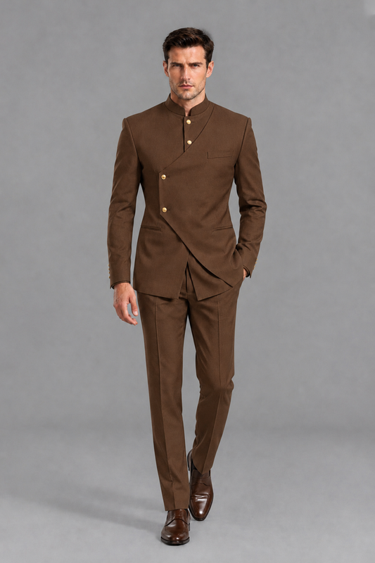 Savile Men's Brown Asymmetrical Mandarin Collar Tuxedo Suit – Modern 2-Piece Gold Button Wedding, Prom & Gala Set - Brown - Brown_2