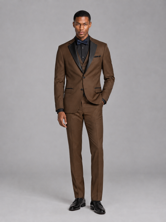 Savile Men's Brown Contrast Shawl Lapel Tuxedo Suit – 3-Piece Wedding, Prom & Black-Tie Formal Set - Brown - Brown_2