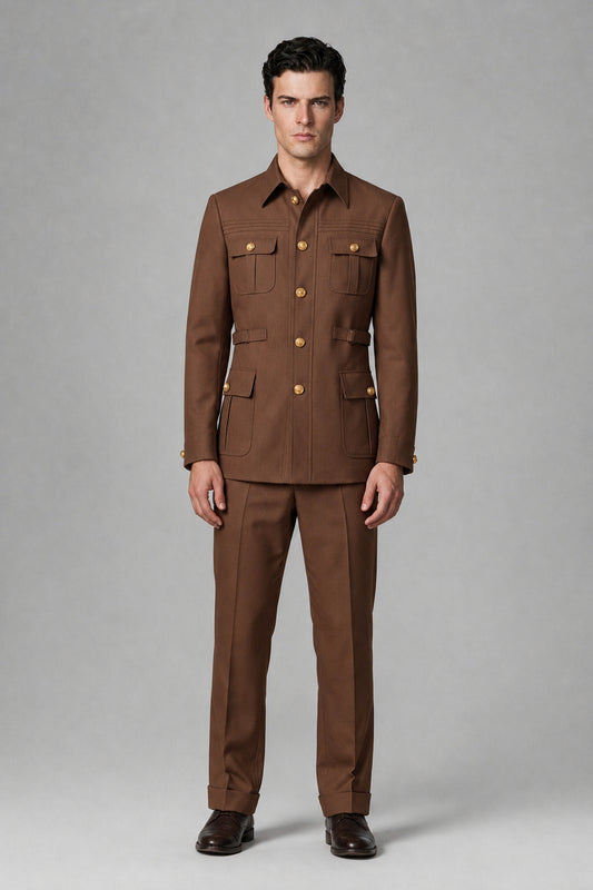 Savile Brown Safari Jacket & Trousers Two-Piece Men's Suit - Brown