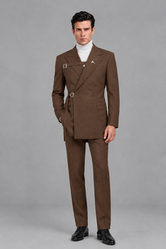Savile Men's Brown Double Buckle Wrap Belted 2-Piece Suit Set – Peak Lapel Slim-Fit Jacket & Trousers - Brown - Brown_2