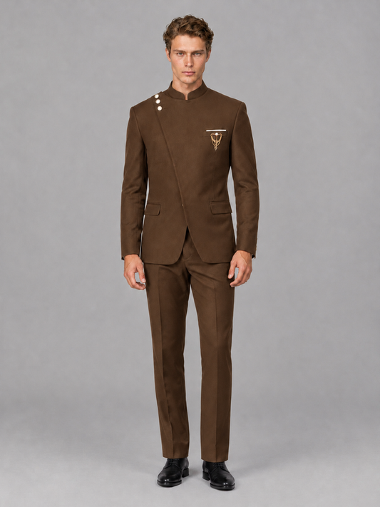 Savile Men's Brown Mandarin Collar Asymmetrical 2-Piece Suit Set – Modern Jacket & Trousers - Brown - Brown_2