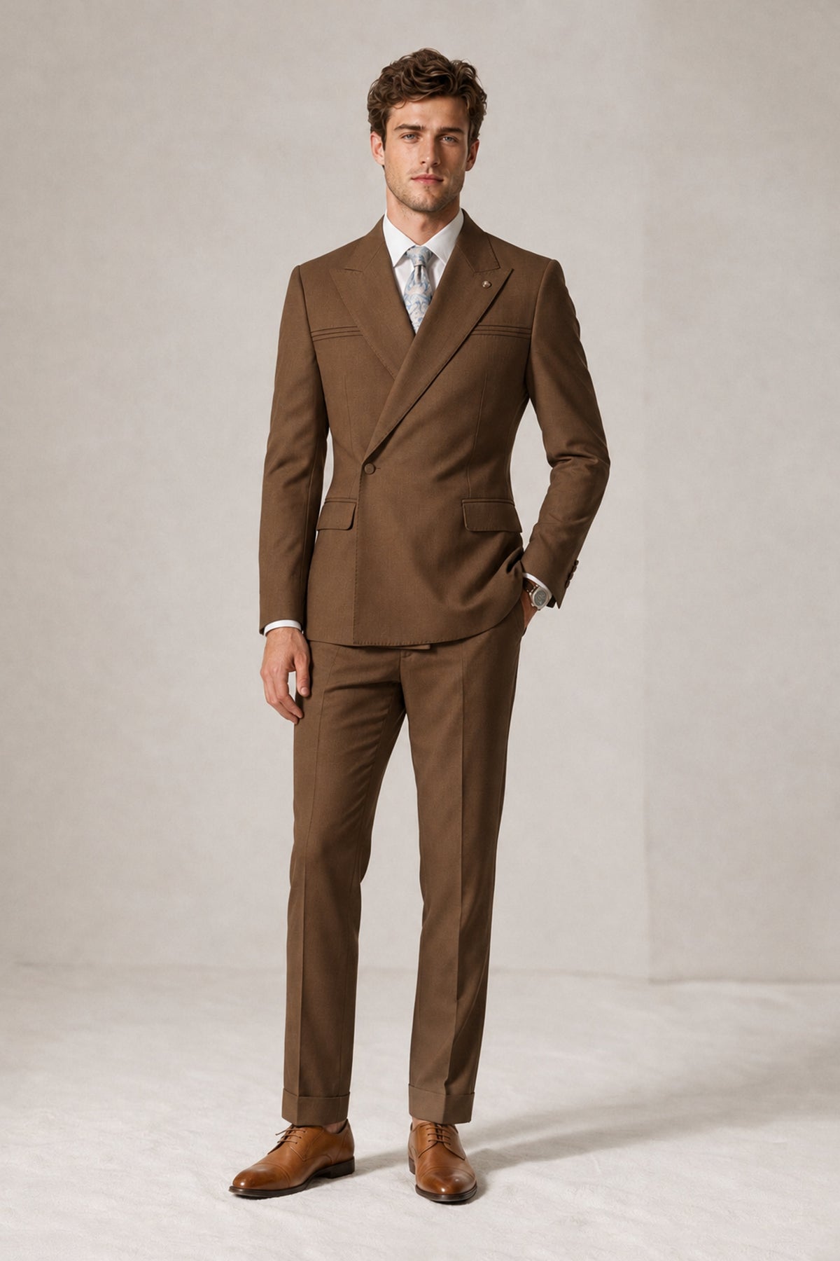 Savile Men's Brown Double-Breasted Slim Fit 2-Piece Suit Set – Peak Lapel Blazer & Cuffed Trousers | Wedding Prom Formal - Brown
