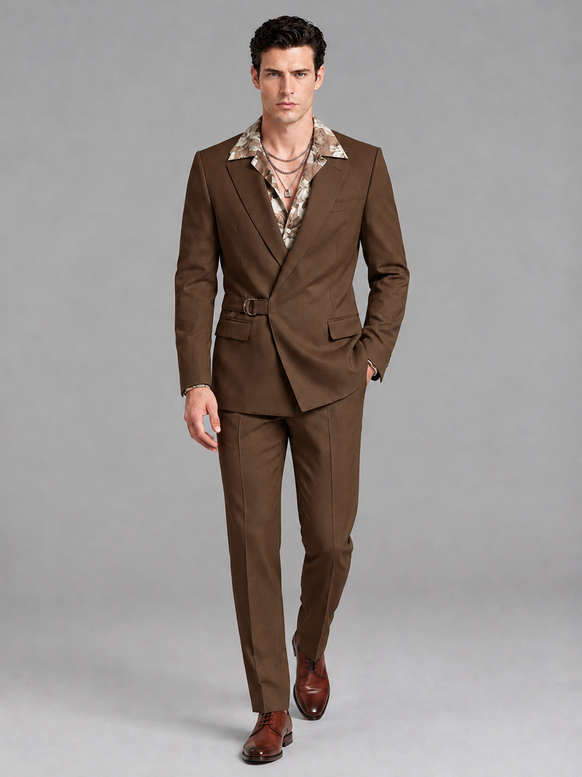 Savile Men's Brown Belted Wrap 2-Piece Suit – Peak Lapel Blazer & Tailored Trousers - SUC060 - Brown - Brown_4