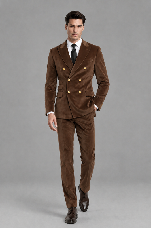 Savile Men's Brown Velvet Double-Breasted 2-Piece Suit Set | Peak Lapel Blazer & Trousers - Brown